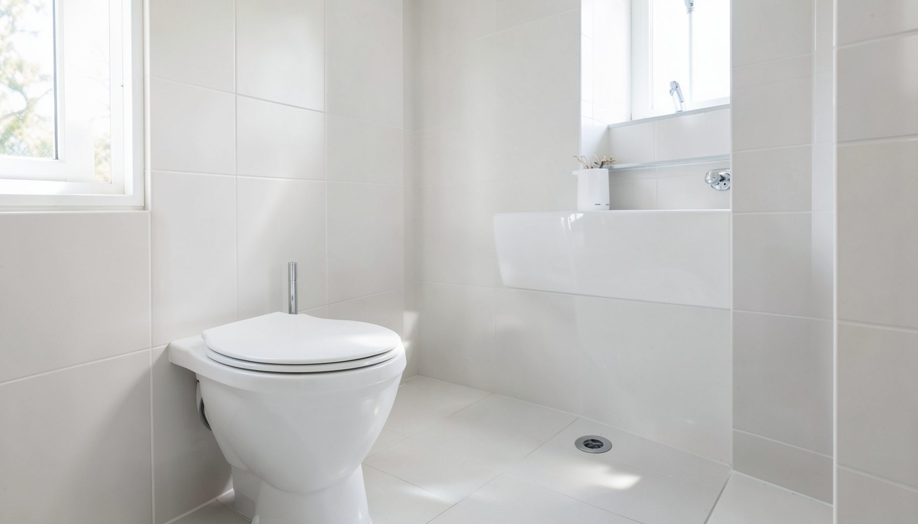 白く清潔なトイレの便器と床、自然光が差し込む明るいバスルームの落ち着いた雰囲気