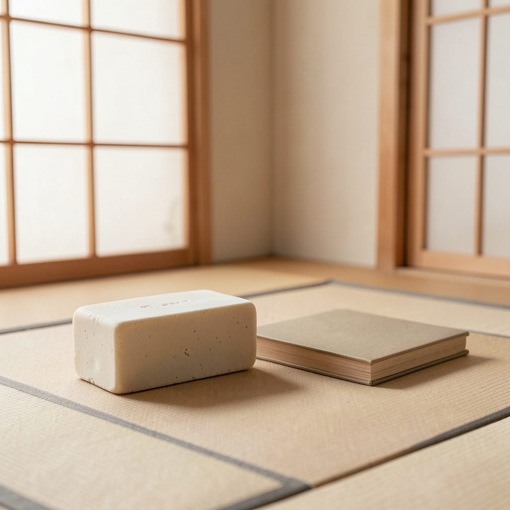温かみのある和風の背景に、シンプルな石鹸と本が静かに置かれた落ち着いた雰囲気のイメージ画像。柔らかなベージュとブラウンの色調。